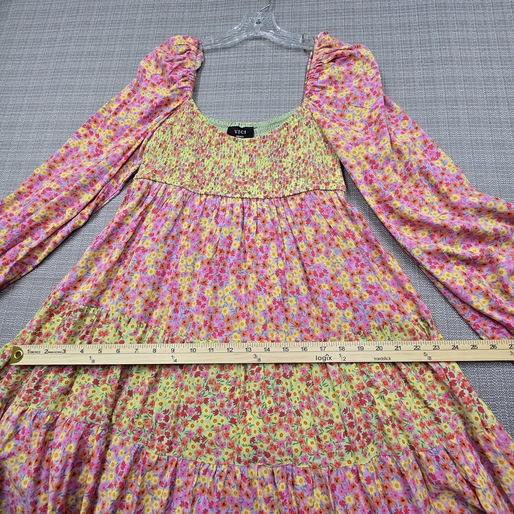 VICI Dress Womens Small Multicolor Floral Smocked Long Sleeve Boho Trapeze Swing - Picture 5 of 12